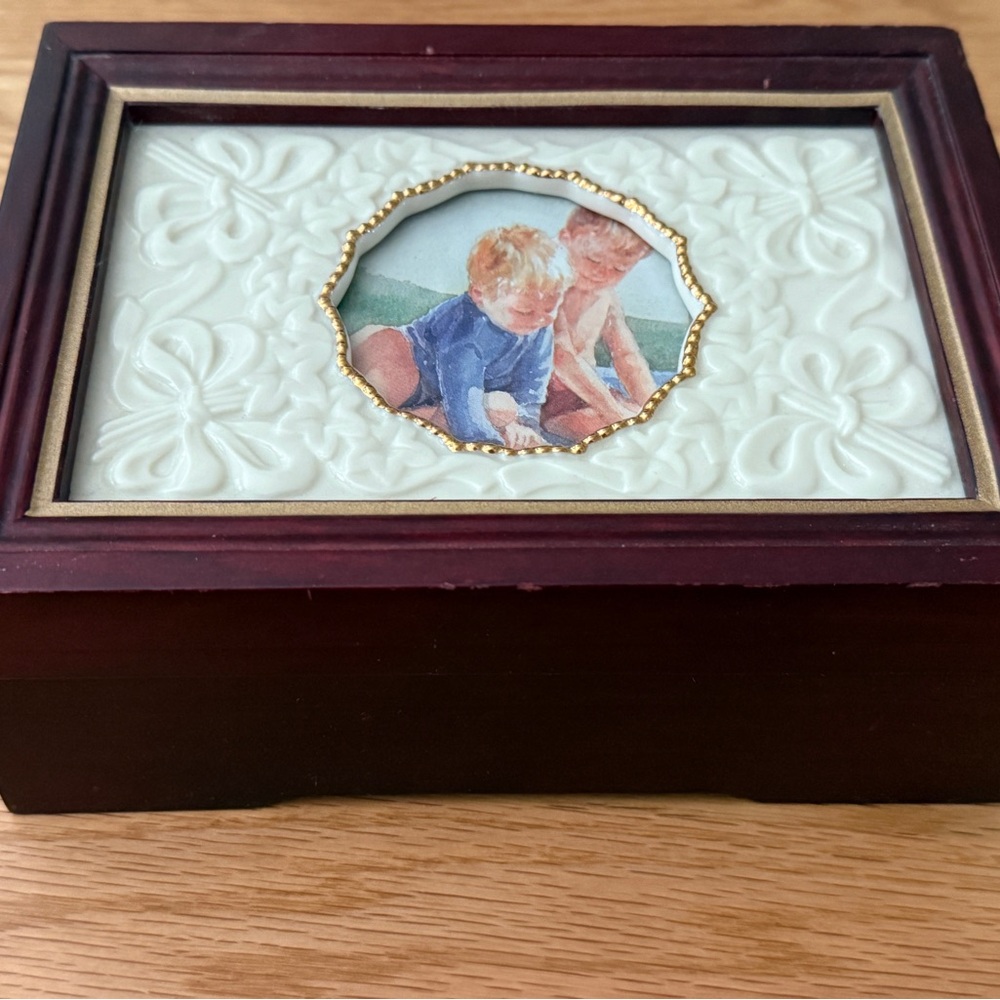 Decorative Wooden Keepsake Box with White Embossed Lid